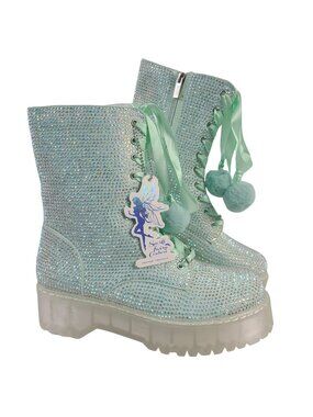 NEW The Sparkl Fairy Couture Mint Rhinestone Combat Boots Satin Ribbon Lace Sz12